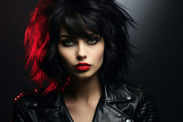Fototapeta premium Colorful Generative AI picture of stylish punk person with hairy hairstyle rebellion punk leather outfit