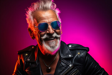 Colorful Generative AI picture of stylish punk person with hairy hairstyle rebellion punk leather outfit