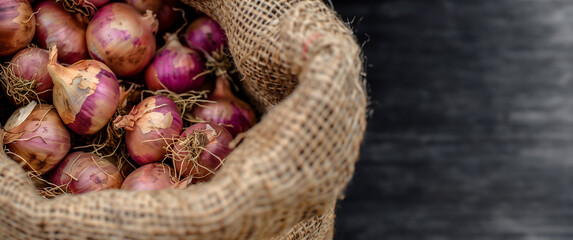 Burlap sack filled with red onions on a dark wooden background. Culinary ingredients and local produce concept. Design for food storage solutions, recipe blogs, banner with copy space.