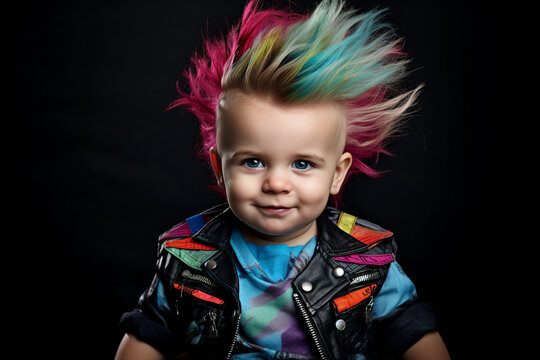 Colorful Generative AI picture of stylish punk person with hairy hairstyle rebellion punk leather outfit