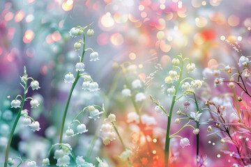 Delicate lilies of the valley blooming amidst a festive backdrop of blossoming flowers - obrazy, fototapety, plakaty
