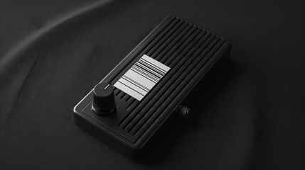 Design of a minimalist retrofuturistic guitar pedal with a bar code and white label on the surface