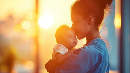 Mother holding baby with a sunset backlight.