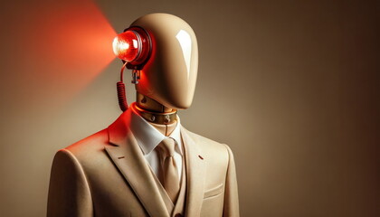mannequin in a suit with a glowing red lightbulb head represents innovation. - obrazy, fototapety, plakaty