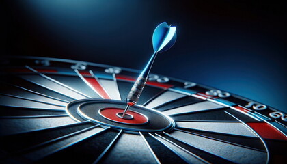 blue dart achieves a perfect bullseye on a sleek, modern dartboard. - obrazy, fototapety, plakaty