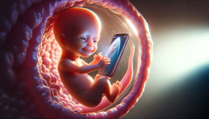 Conceptual image of a fetus interacting with a smartphone, depicting early exposure to technology. - obrazy, fototapety, plakaty
