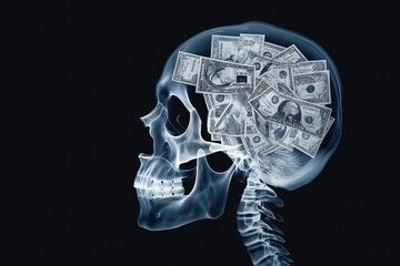 X-ray of a skull filled with dollar bills, illustrating the concept of financial intelligence. - obrazy, fototapety, plakaty