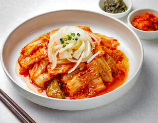 Traditional Korean dish called kimchi, made from fermented vegetables with hot spices presented in an authentic bowl