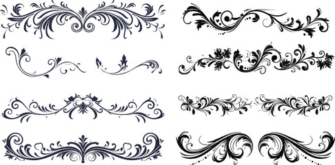 Border frames, ornate swirls floral pages divider. Calligraphic isolated vector icons set - obrazy, fototapety, plakaty