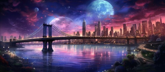 A stunning bridge spans over the shimmering water, with a vibrant cityscape in the background under a violet sky filled with fluffy clouds - obrazy, fototapety, plakaty