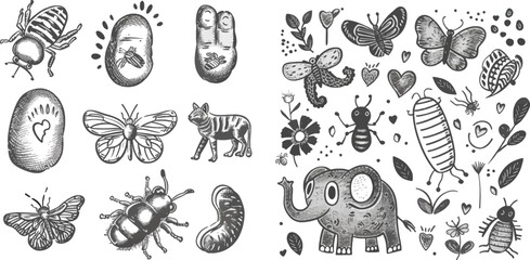 Doodle animals and insects drawing vector set as bee