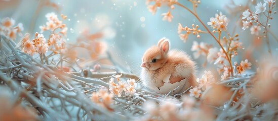 Rabbit Hatchling Emerging from Egg Amid Pastel Blue Willow Branches and Radiant Flowers - obrazy, fototapety, plakaty