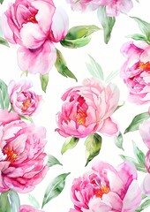 Sweet vibrant pink peonies flower pattern on white, for invitation, greeting card background, wallpaper and wall art,