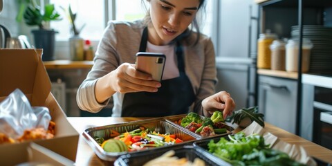 A woman using a smartphone to order food delivery. 