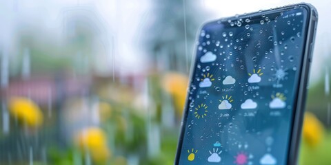 Close-up of a smartphone screen displaying a weather forecast. 