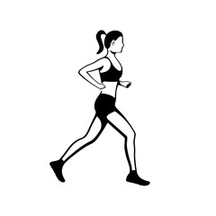 Silhouette running woman, profile view. Black icon isolated on white background. Young attractive girl. Active lifestyle. Sports and fitness. Vector illustration flat design. Athletic body.
