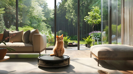 Feline Friend Enjoys Robotic Companion in Sunlit Contemporary Living Space - obrazy, fototapety, plakaty
