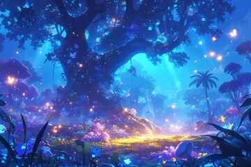 A fantasy forest with flowers and glowing fireflies