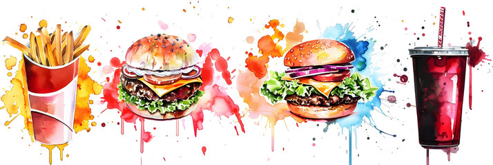 Vibrant Watercolor Splash of Delicious Fast Food Items on White Background - obrazy, fototapety, plakaty