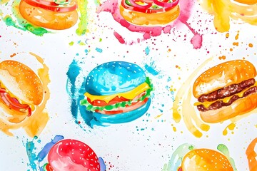 Vibrant Watercolor Splattered Fast Food Assortment on White Background - obrazy, fototapety, plakaty