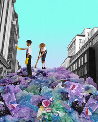 Children, little boy and girl cleaning urban street. Ecology issues, pollution of nature. Contemporary art collage. Concept of architecture, retro and vintage, environment, awareness, safety