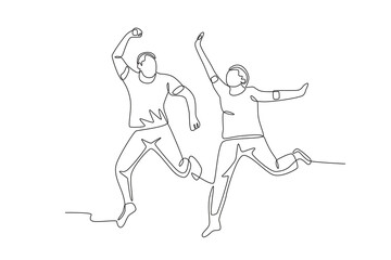 Senior couple dancing while jumping.Seniors Community one-line drawing