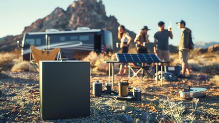 The real and natural picture, in the American outdoor, the black cube energy storage power supply on the camping  - obrazy, fototapety, plakaty