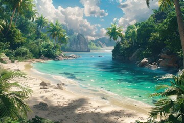 a beautiful tropical beach tourist location with ocean sea and palm trees