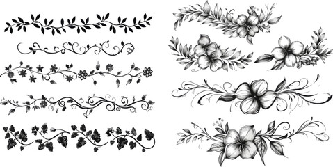 Hand drawn vines decoration, floral ornamental divider and sketch leaves ornaments - obrazy, fototapety, plakaty