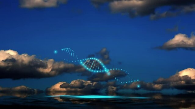A simple model of a DNA molecule double helix made of small glowing blue neon dots, light bulbs over water with ripples and reflection against a sunset time lapse background. 4k creative video.