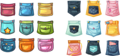 Casual style woman shirt clothes pocket. Isolated icons vector set