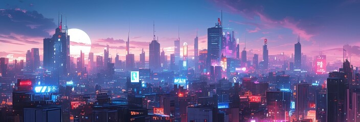 A futuristic cityscape at night, illuminated by neon lights and towering skyscrapers.