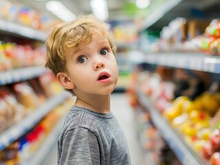 A young boy stands amazed in a grocery store, surrounded by colorful products.