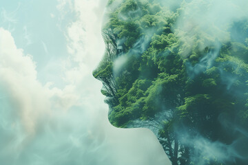 Female Face Filled with Trees: Inner Peace, Mental Health, and People-Nature Connection.