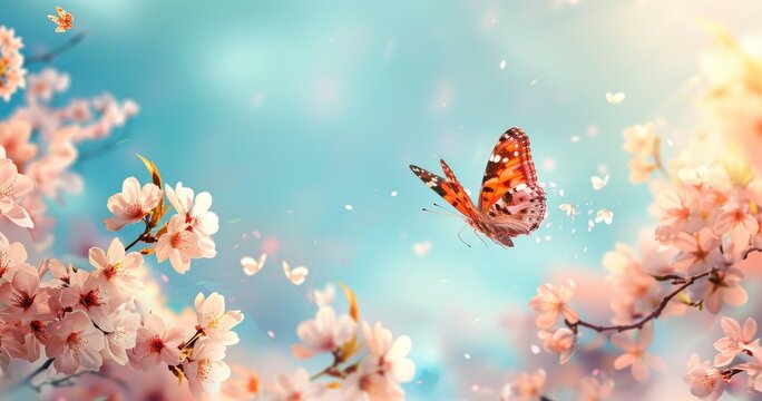 Beautiful pink butterfly and cherry blossom branch in spring on blue sky background, soft focus. Amazing elegant artistic image of spring nature, frame of pink Sakura flowers and butterfly.