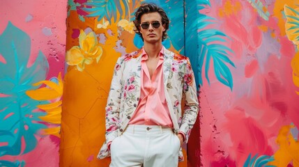 a handsome man is posing in pink shirt, white trousers and floral jacket, in fashionable 90s style