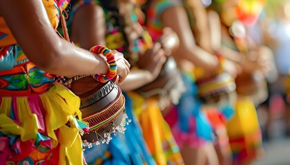 People in colorful costumes playing drums and dancing at a festival with blurred background