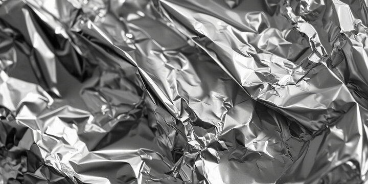 Crumpled aluminum foil background. Wrinkled shiny silver foil for decoration. Creative design element in shabby shape. Abstract texture surface from wrapping paper, Silver rumpled foil gray background