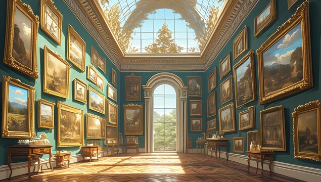 A large gallery wall with classical oil paintings in gold frames