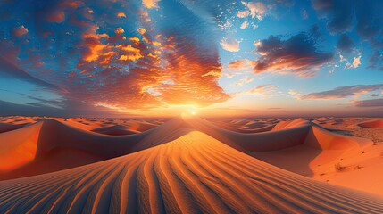 Golden Sands: Nature's Canvas Unfolding, a Majestic Sunset Over the Desert Dunes