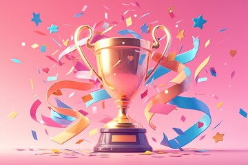Golden trophy with confetti on pink background, colorful. 