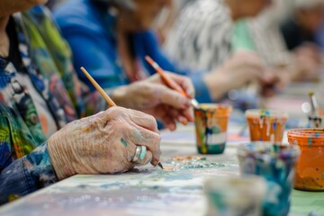 Senior's Hand Painting in Art Workshop, Closeup of Creativity
