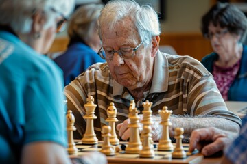Focused Senior Strategizing in Chess Tournament