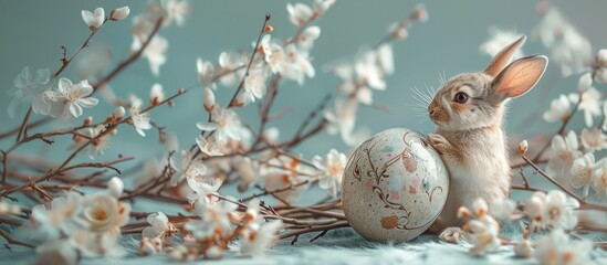 Adorable Bunny Hatchling Emerges from Egg Against Serene Pastel Floral Backdrop