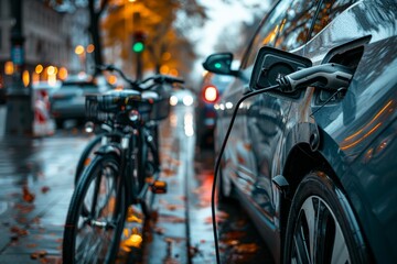 Electric Car Charging on Rainy City Street, Bicycle in Foreground