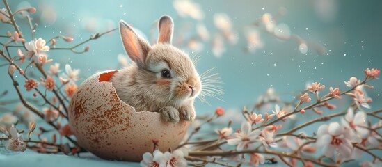 Charming Bunny Hatchling Emerging from Egg Amid Blooming Willow Branches and Delicate Floral Banner