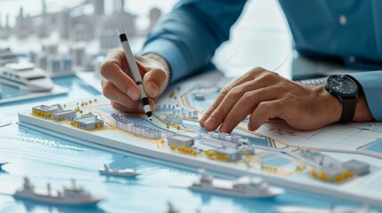 Close-up of engineer sketching a ferry network, 3D render of water-based mass transit solutions, isolated