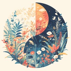 A colorful illustration of the Yin Yang symbol with flora and plants, representing balance in nature and harmony between human life and their environment. 