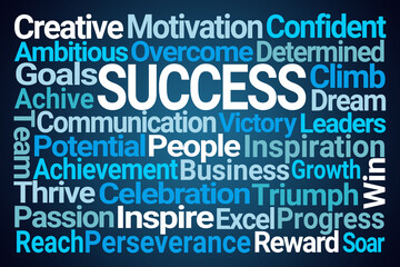 Success Word Cloud on Blue Background