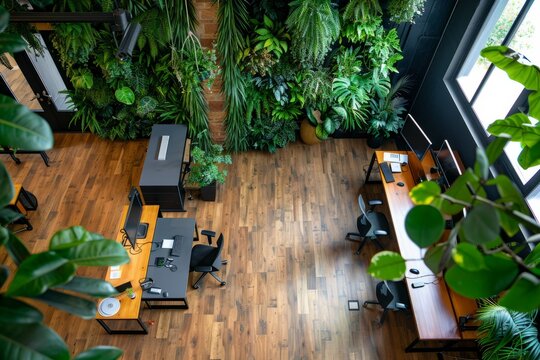 Green Workspace Design, Aerial View of Plant-Filled Office